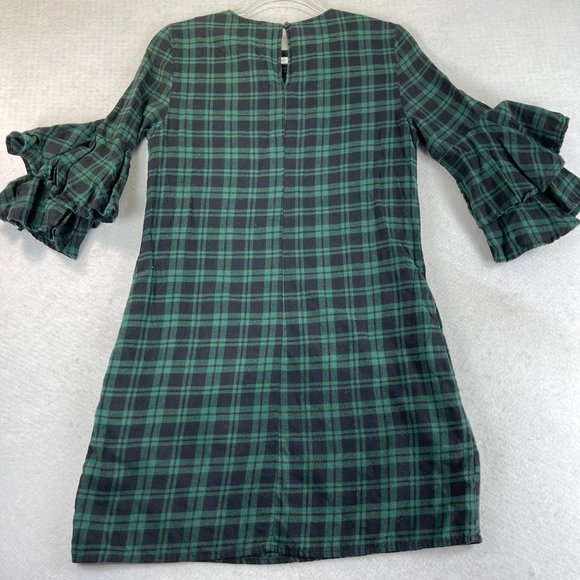 BEACHLUNCHLOUNGE Womens XS Blue Green Plaid Flannel Ruffle Sleeve Dress Pockets - Picture 5 of 14